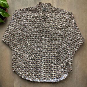 Bogari Studio Vintage AOP Casual Brown Tan Silk Button Front Shirt Men's Size XL